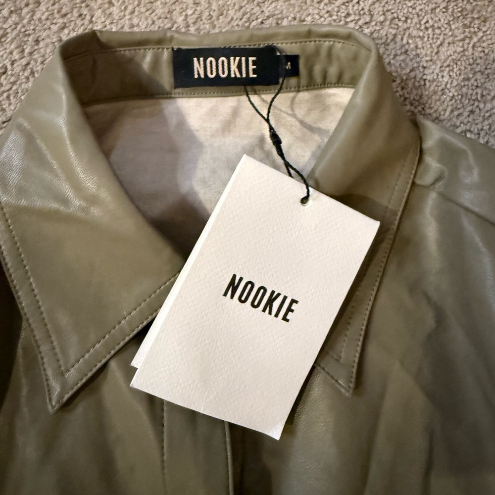 Nookie Off Duty Shirt Dress Khaki Faux Leather Mini Tie Waist Long Sleeve Small - Picture 6 of 7